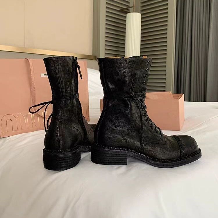 Genuine Leather Grape Mom Carved Motorcycle Round Toe Brogue British Style Martin Side Zipper Short Boots For Women_voghion.com