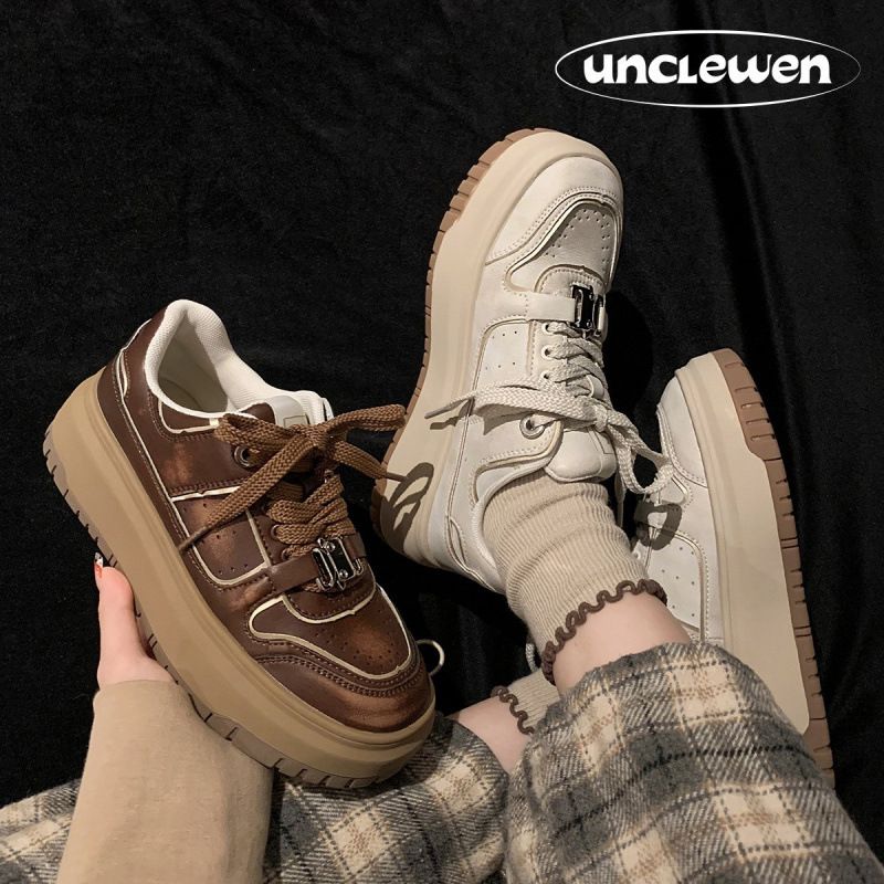 Leather Casual Skateboard White With Thick Sole Increased Height, Soft Cowhide Breathable Bread And Sponge Cake, German_voghion.com