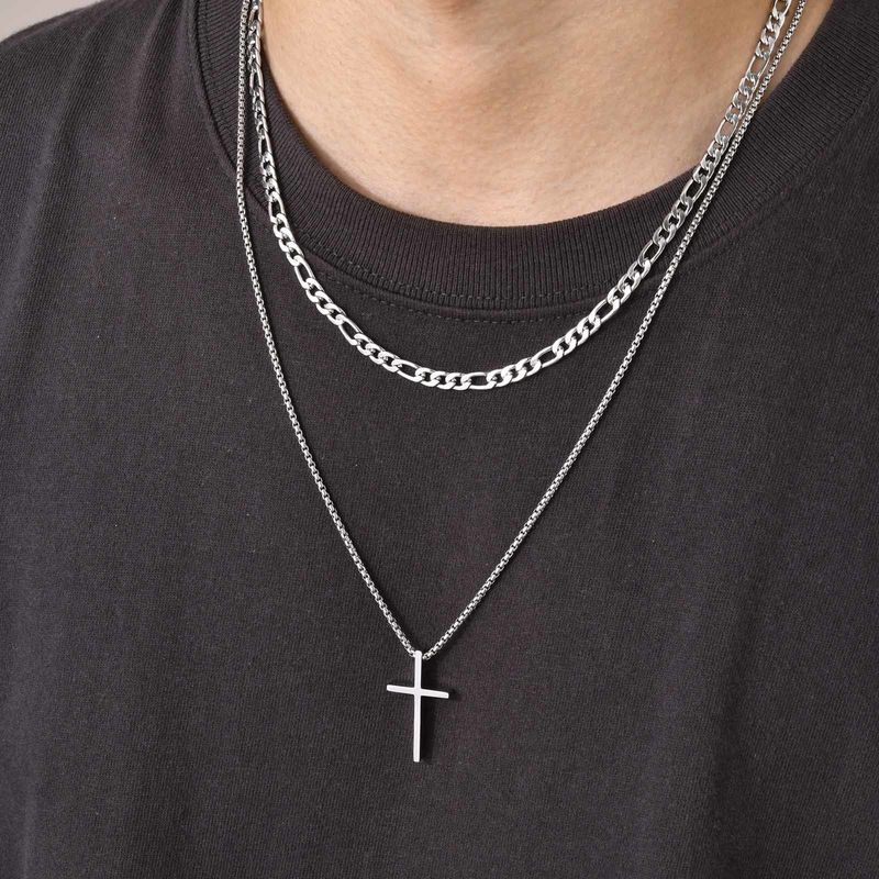 Collane da uomo Vnox, ciondolo a croce semplice a strati in acciaio inossidabile, collana con catena a scatola di corda, semplice collare con preghiera di Gesù_voghion.com