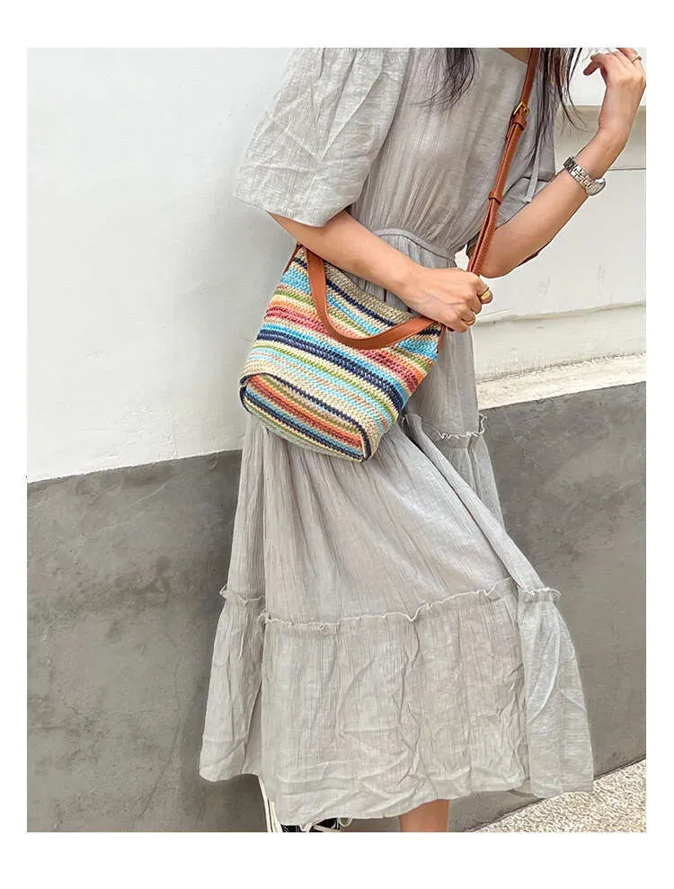 Borsa a tracolla da spiaggia casual da donna, stile artistico, in PU, con secchiello di paglia arcobaleno estivo Qiaoge_voghion.com