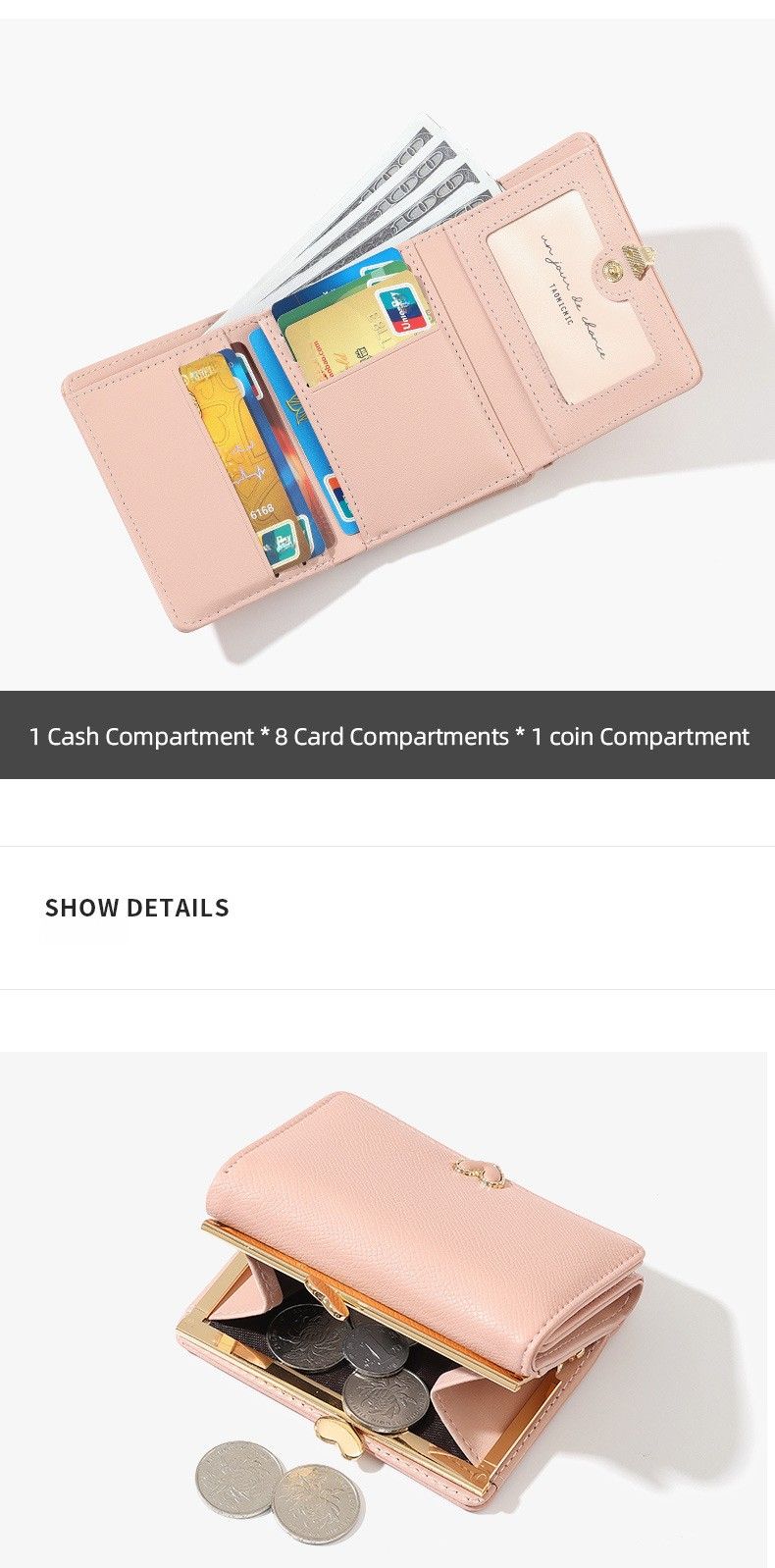 Kompakte dreifach faltbare Geldbörse für Damen – Süße Geldbörse aus PU-Leder mit großem Fassungsvermögen, mehreren Kartenfächern und Münzfach, Geschenk für Studentinnen und Damen_voghion.com