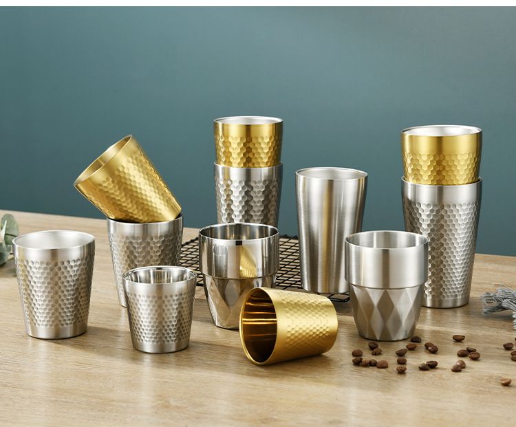 Bicchieri Tazza da birra Tazza da caffè Motivo a diamante Motivo a martello Campeggio all'aperto Acciaio inossidabile 304 Doppio strato Tazza per acqua_voghion.com