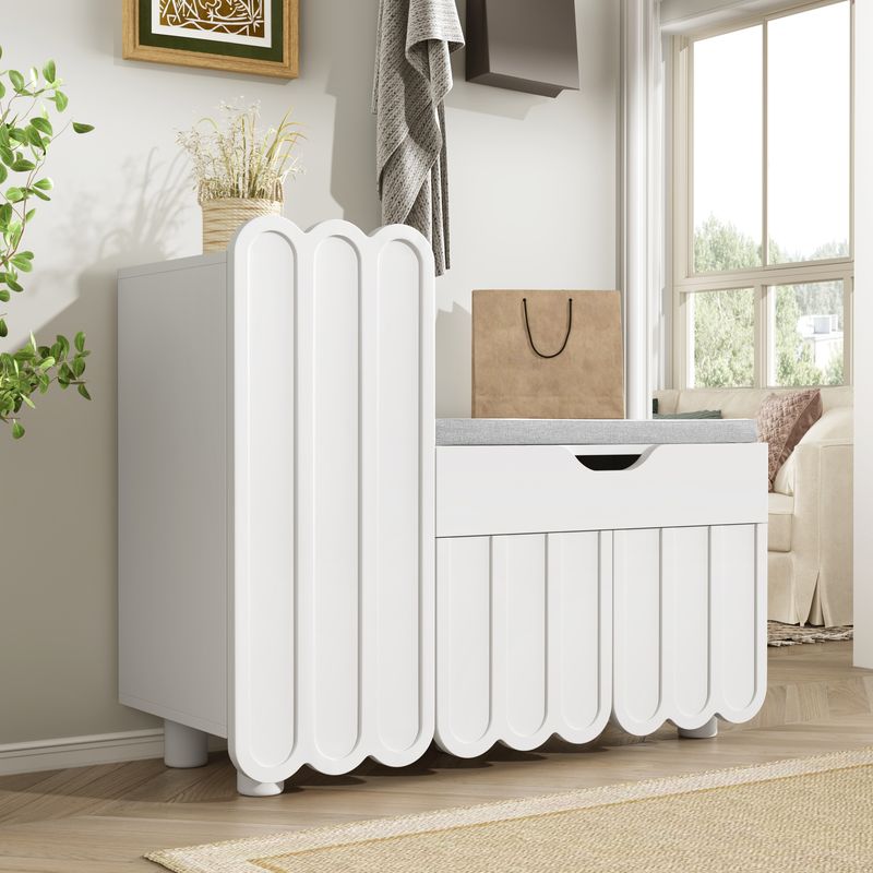 Meuble à chaussures moderne à 3 portes avec tiroir et coussin d'assise – Banc de rangement à chaussures blanc pour couloir, gain de place – Élégant meuble à chaussures d'entrée_voghion.com