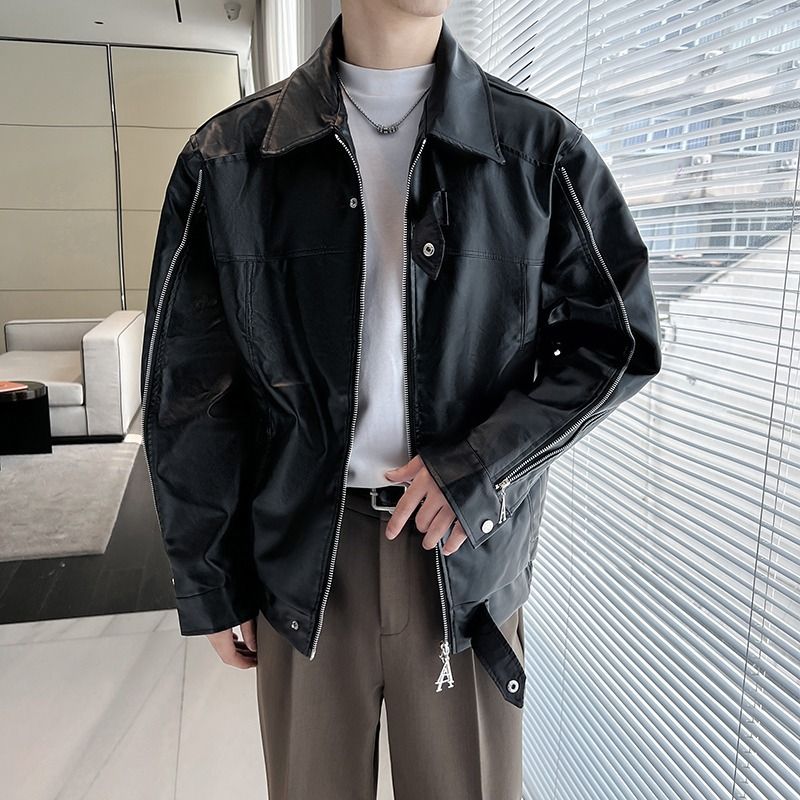 Herren-Bikerjacke mit Doppelreißverschluss – Retro-Mantel im Lederlook mit Stehkragen und Cleanfit-Ästhetik_voghion.com