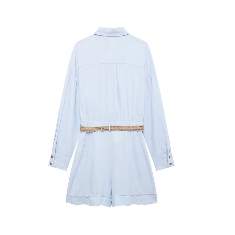 Adequado para todas as estações 2024 Roupas femininas de verão Macacão com cinto e mistura de linho Shorts_voghion.com