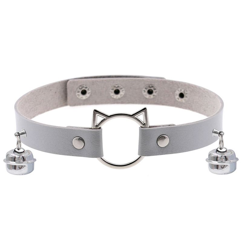 Collier ras du cou en cuir PU avec tête de chat de dessin animé pour femme, style punk foncé_voghion.com