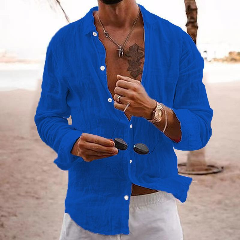 2023 New Men's Shirt Solid Color Loose Single-Breasted Turn-Down Collar Cotton Linen Long Sleeve Top_voghion.com