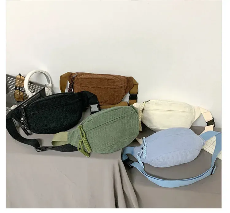 Marsupio da donna, grande capacità, in velluto a coste, stile street, borsa a tracolla, alla moda, cintura casual 250806_voghion.com