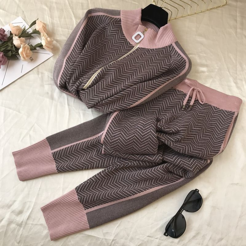 Dammemodesch Stand-up Kraang Reißverschluss Stricktop Hosen zwee Sets_voghion.com
