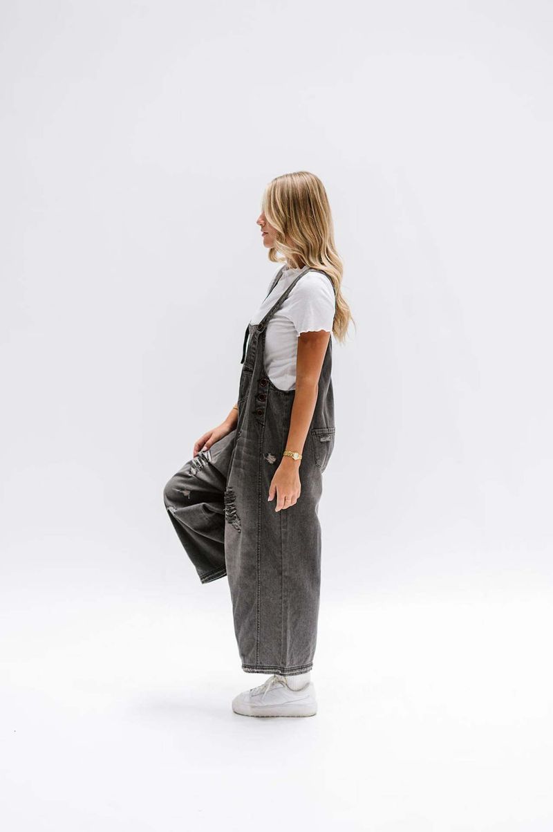Kadın Giyim Moda Retro Yıpranmış Delikler Bol Geniş Paça Rahat Günlük Askılı Kot Tulum_voghion.com