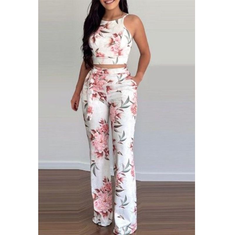 Vêtements pour femmes été deux pièces gilet court imprimé taille haute pantalon large costume de loisirs pour dames_voghion.com