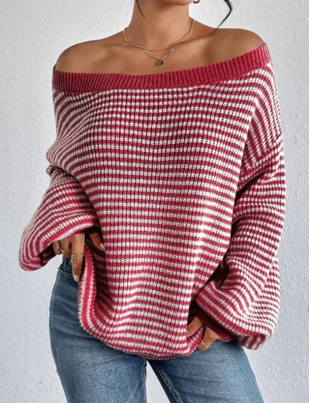 Women's Off-Shoulder Knit Sweater With Color Block Stripes & Lantern Sleeves – Relaxed Fit, Casual Elegance For Fall_voghion.com