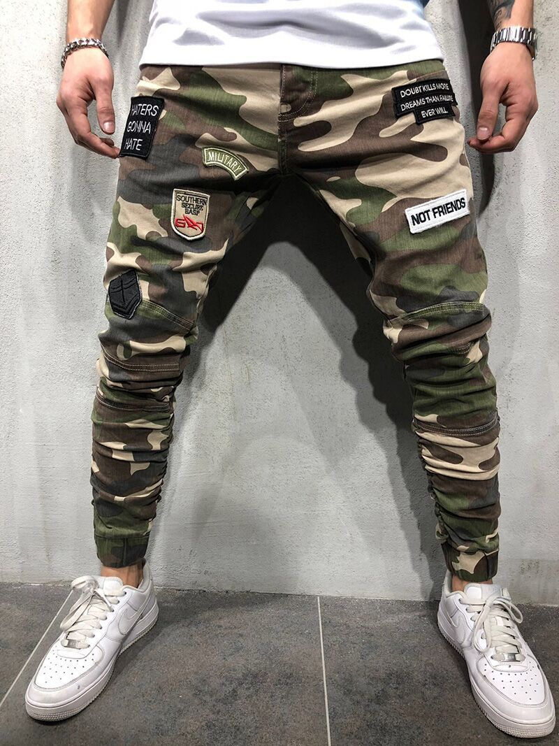 Men's Jeans Emblem Stretch Slim Fit Tight Elastic Hem Camouflage Feet Pants NK74_voghion.com