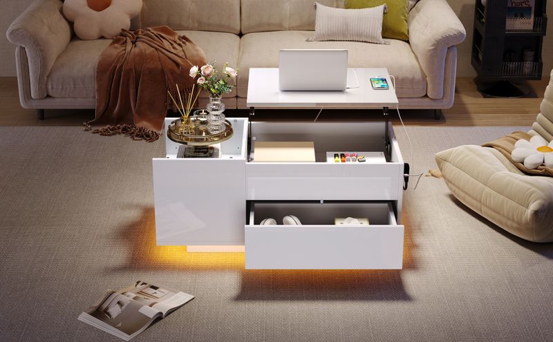 Table basse réglable en hauteur 95 x 48 x 42 cm avec rangement dissimulé, éclairage LED, tiroir et prise – Table d'appoint de salon blanche_voghion.com
