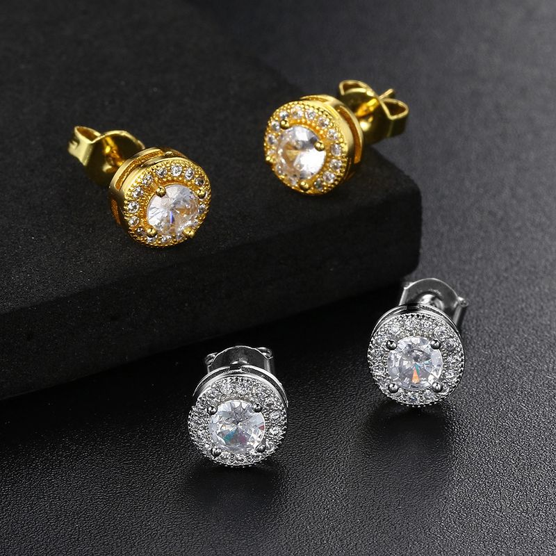 hot selling round full diamond hip hop earrings, zircon micro inlaid men's earrings, European and American popular fashion brand jewelry_voghion.com