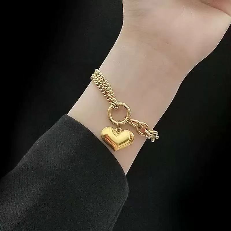Bracciale con ciondolo a forma di cuore, stile coreano, hip-hop, alla moda, semplice, in metallo, con catena spessa, per donna_voghion.com