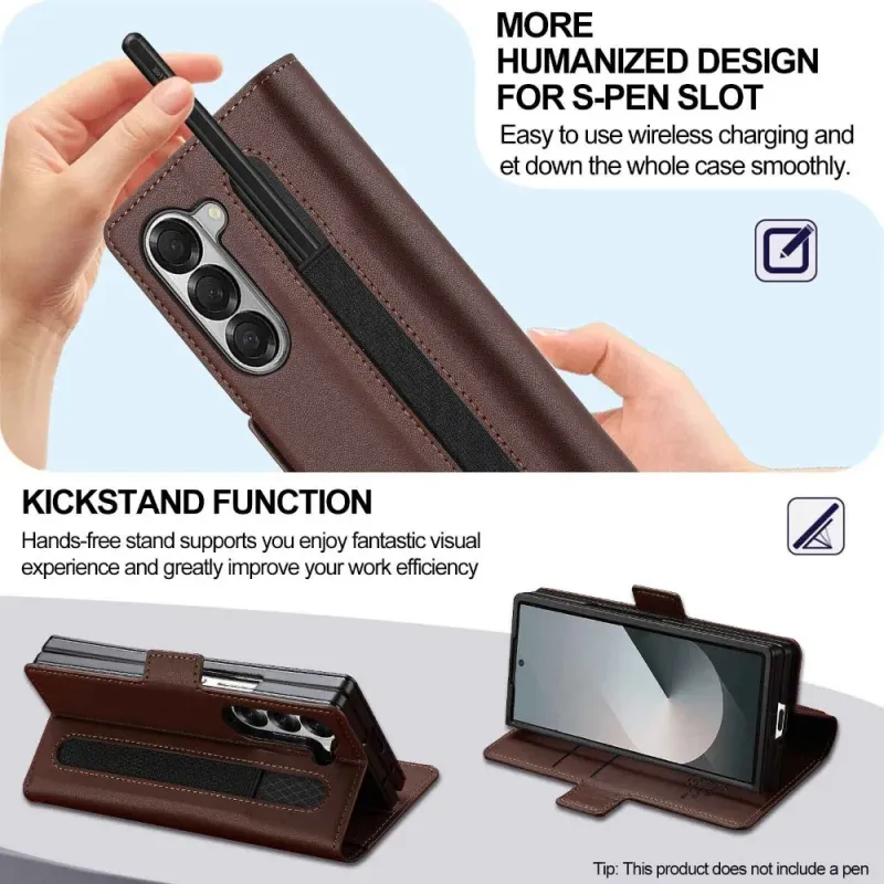 Capa de couro empresarial com suporte para caneta e compartimento para cartões para Samsung Z Fold 6, 5, 4, 3, 6, 5, 4 e 3, 5G_voghion.com