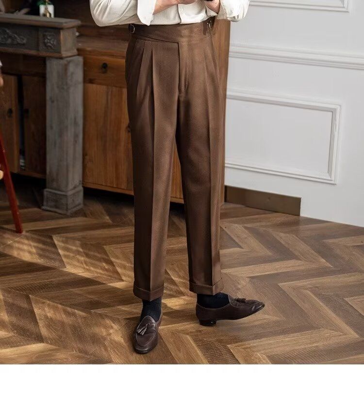 Herrenbekleidung Lässige Anzughose mit hoher Taille Herren Herbst Paris Schnalle Business Drape Gerade Hose Naples Retro Drape Anzughose_voghion.com