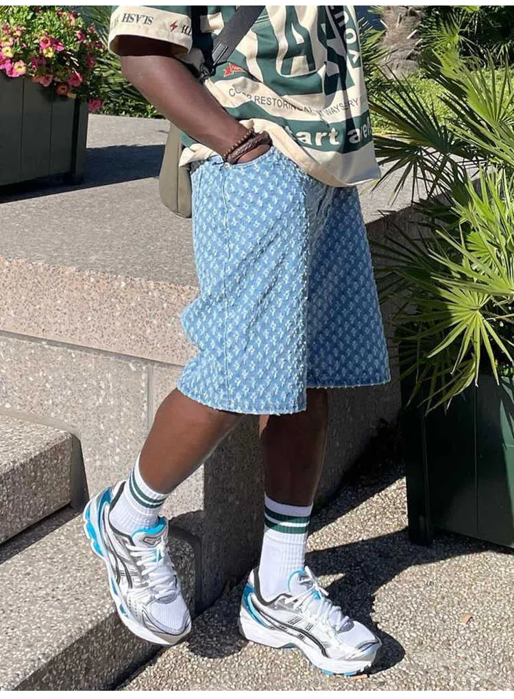 Herren Y2K Bermuda Shorts für Männer Sommer neue trendige lockere Passform gerades Bein knielange Hose blau Jacquard Baumwolle_voghion.com