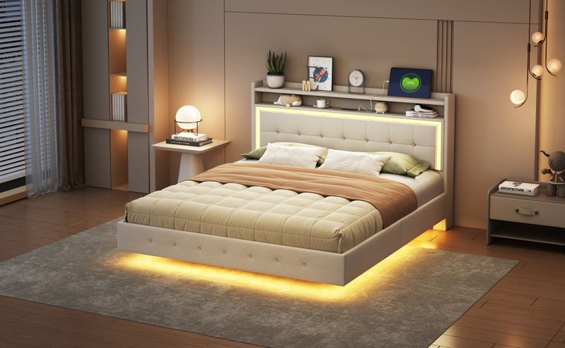 Polsterbett 160x200cm Con USB, LED, Fuochi Versteckten, Leinenstoff Beige_voghion.com