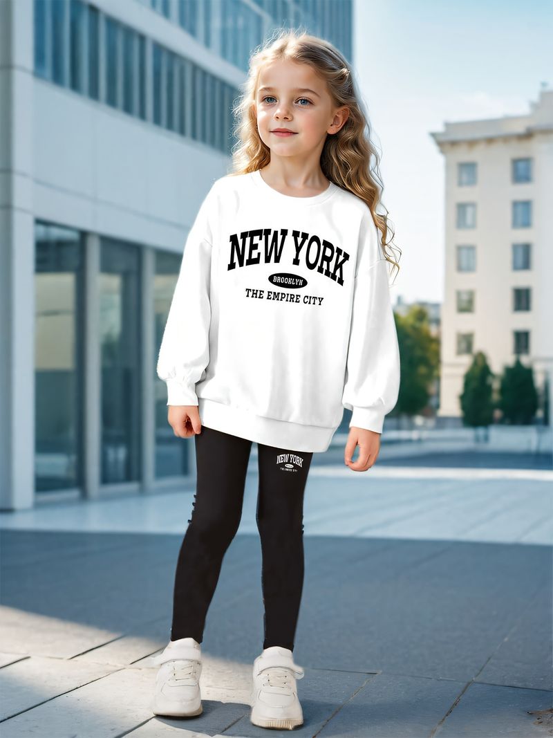 Anne & Çocuk INS Kız 2 Parça Set & Küçük Kız "NEW YORK" Baskılı Spor Sweatshirt Tayt Seti_voghion.com