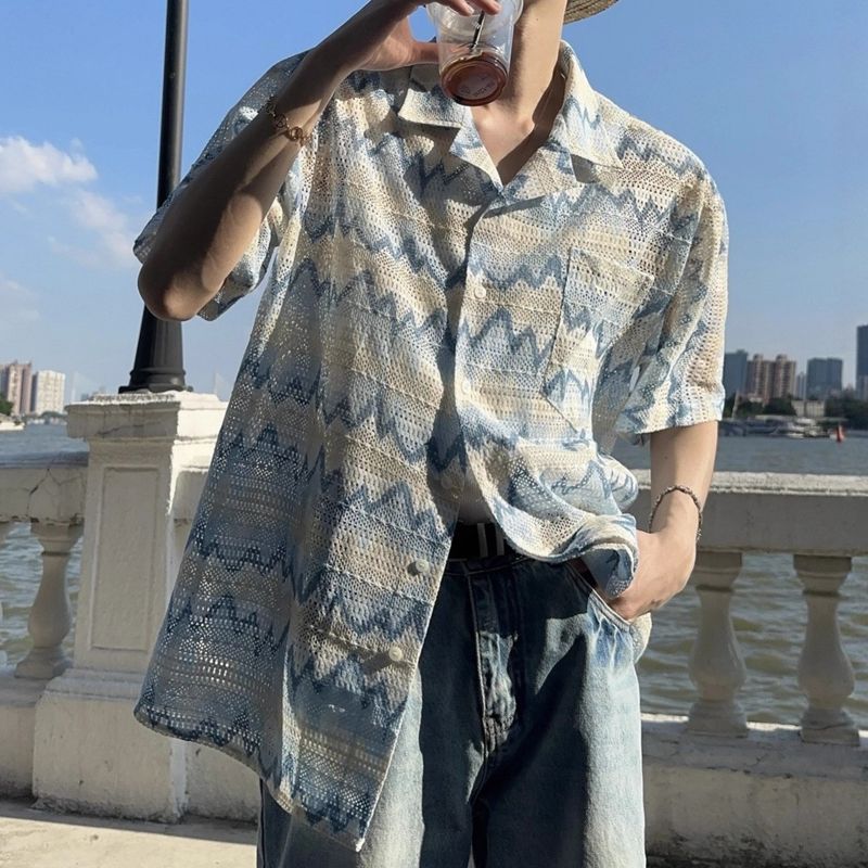 Camicia da uomo a maniche corte in stile hawaiano per le vacanze - Tessuto traspirante simile al lino, vestibilità comoda e casual, ideale per la spiaggia e l'estate_voghion.com