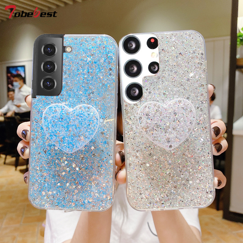 Glänzend Glitter Häerz Love Telefon Holder Case Fir Samsung Galaxy S22 S21 S20 Ultra Plus FE Gold Sëlwer Folie Soft Silikon C_voghion.com