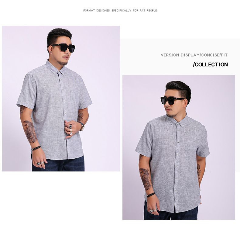 Camicia taglie forti da uomo, casual da lavoro, ampia, in lino tinto in filo, con risvolto, a maniche corte_voghion.com