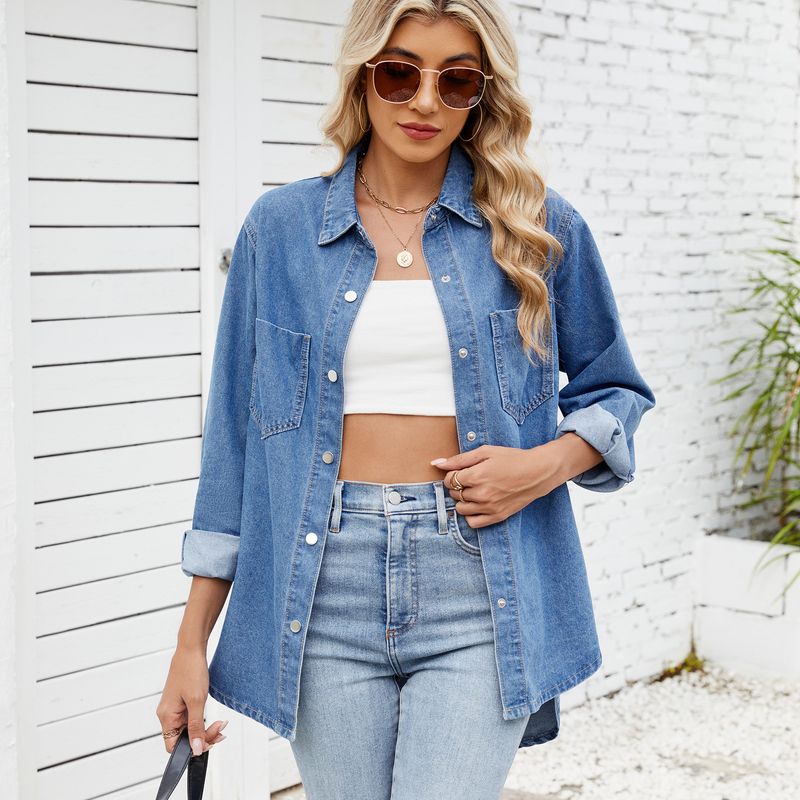 Vintage Wash Denim Shirt For Women – Distressed Loose Fit Long Sleeve Button-Up Top With Snap Buttons (Light Blue & Dark Blue)_voghion.com
