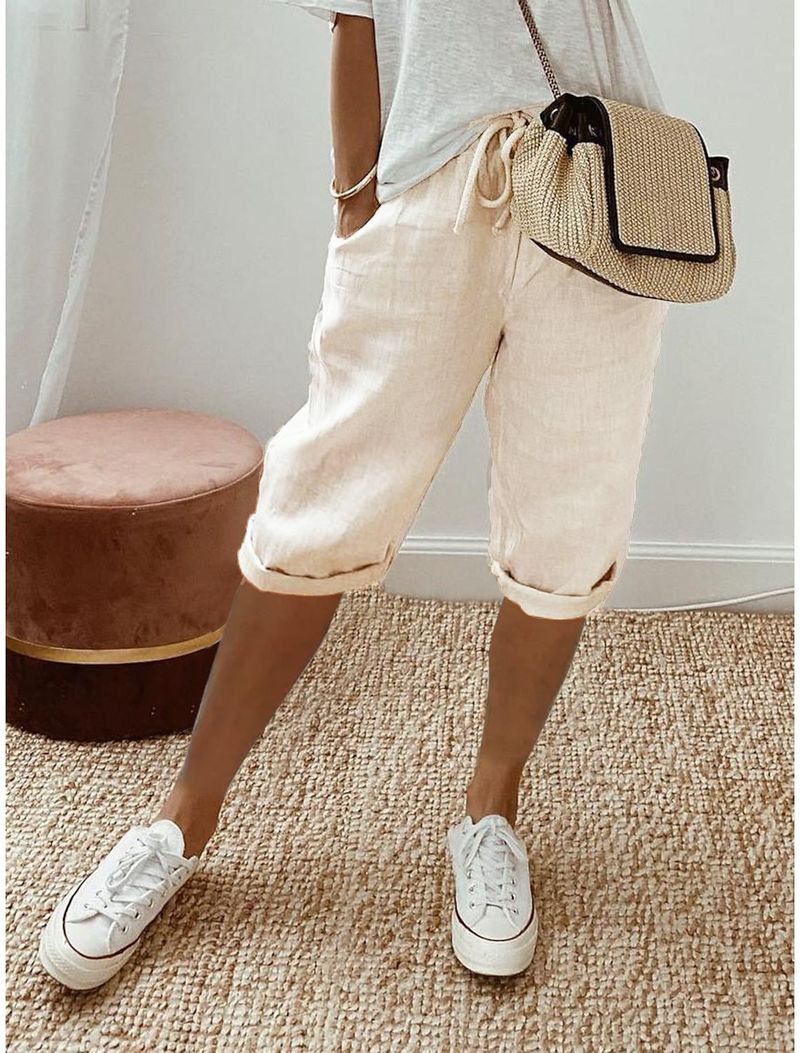 Women's cotton and linen pocket elastic casual pants women's pants quarter pants_voghion.com
