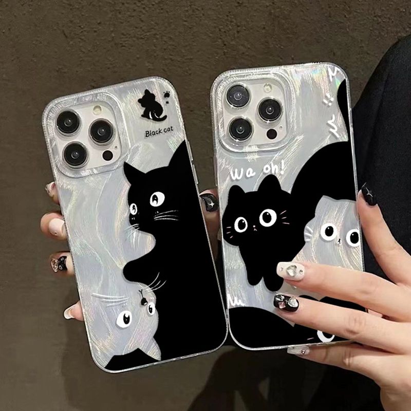 Custodia per telefono con gatto nero dei cartoni animati per iPhone 16 15 Custodia per iPhone 13 11 12 14 Pro Max XR XS X 7 8 Plus SE2 Custodia con piume argentate_voghion.com