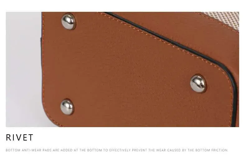 Nuova borsa a tracolla da donna in tela abbinata a pelle di mucca, borsa a secchiello alla moda con motivo scozzese_voghion.com