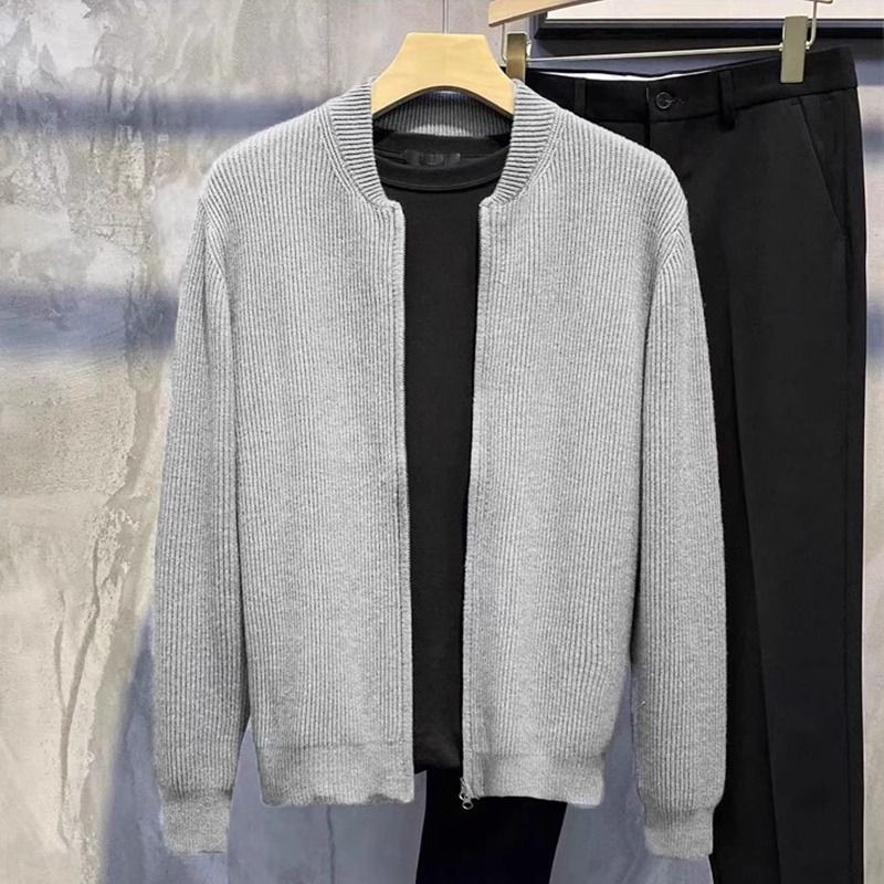 Strickjacke mit Doppelreißverschluss im High-End-Design für Herren im Frühjahr und Herbst im neuen Stil, einfache und vielseitige einfarbige Strickpulloverjacke_voghion.com