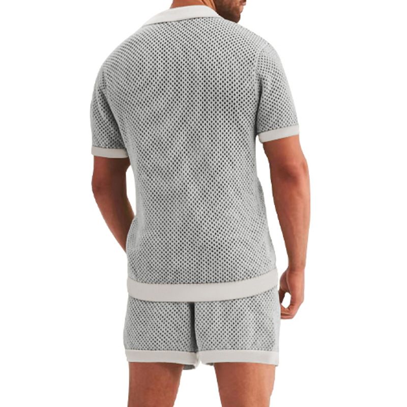 Herrenbekleidung Herrenmode aushöhlen durchsichtig cool lässig dünne Oberbekleidung Herren Kurzarm Shorts Set_voghion.com