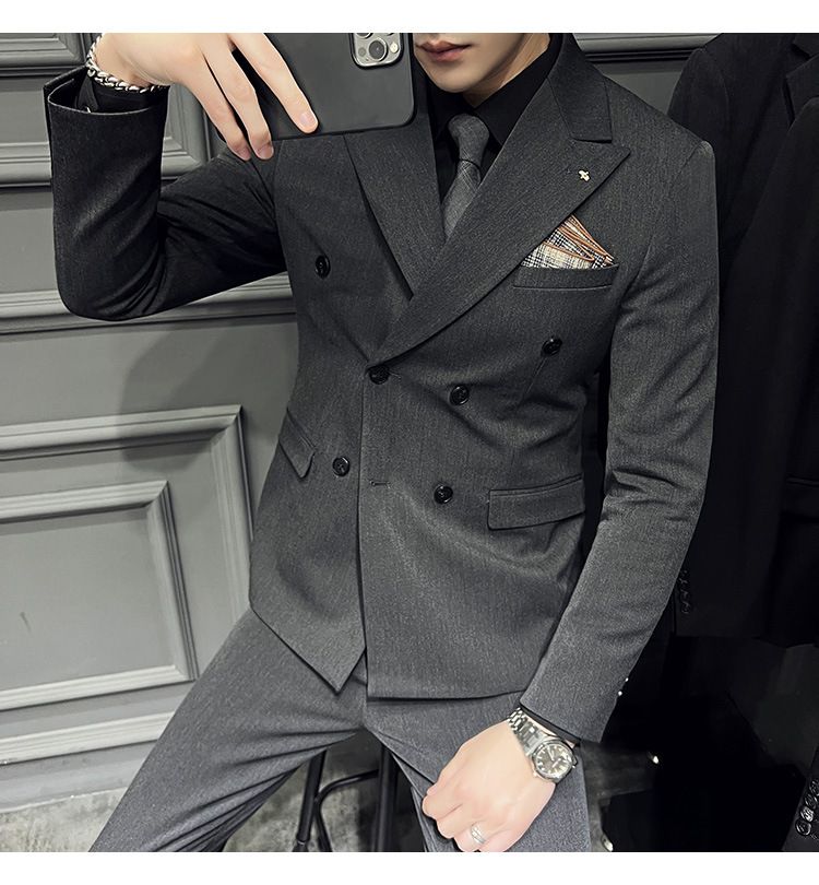 Heren zakelijke textuur gun collar, dubbelrijs slim fit pak driedelig, heren_voghion.com
