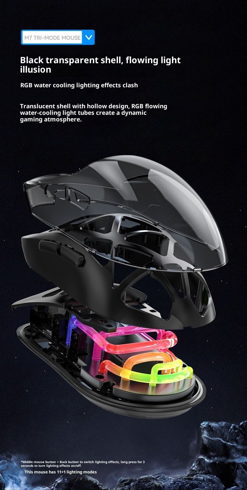 Mouse da gioco wireless, M7 Tri-Mode RGB trasparente leggero, 2.4G BT 5.0, 3600 DPI, ergonomico per PC Mac Laptop_voghion.com