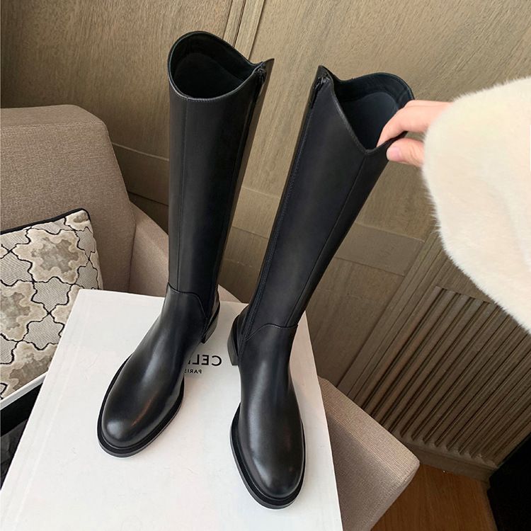 Cowhide Version~2025 New V-Neck Thick Sole Fleece-Lined Chunky Heel Mid-Calf Riding For Women Autumn Winter Genuine_voghion.com