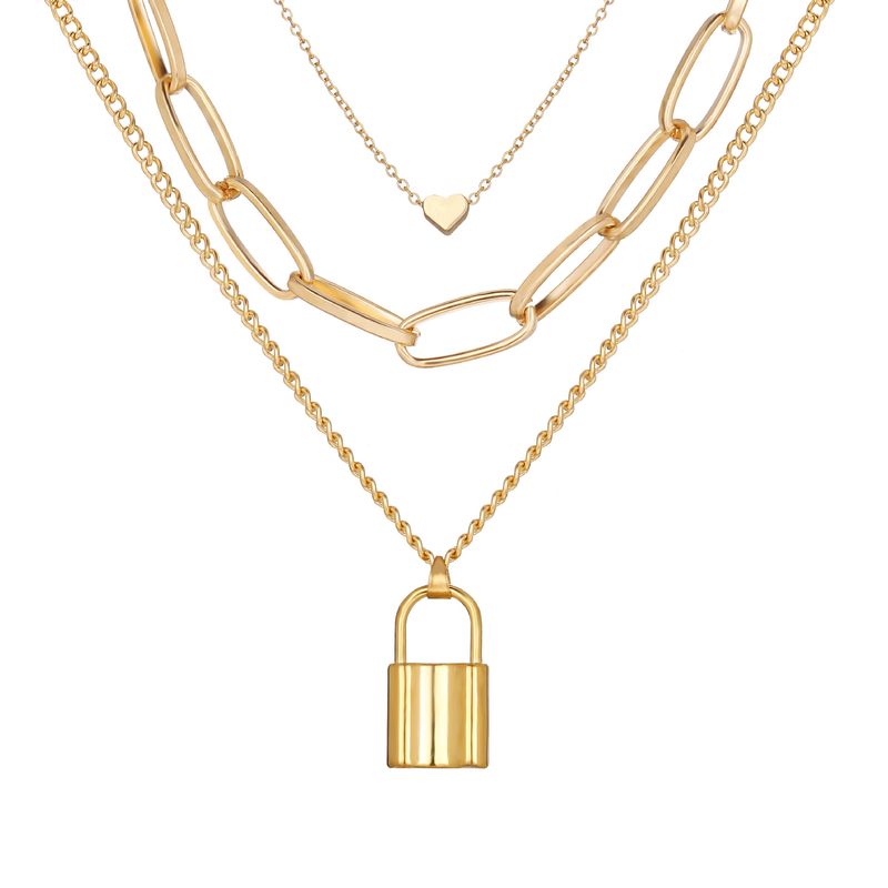 new multi layer necklace Creative retro simple heart lock pendant three layer sweater chain_voghion.com