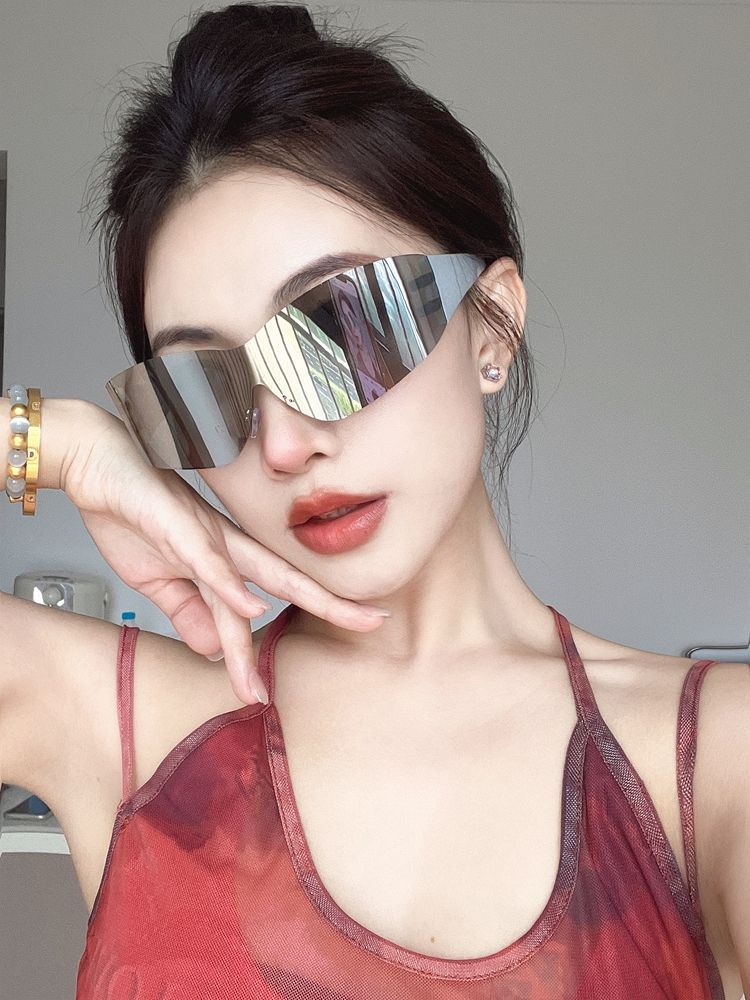 LazyZoom Fashion One-Piece Sunglasses Y2g Mercury Reflective Riding Glasses Women's Fashionable Big Face Technology Sense Hiking_voghion.com