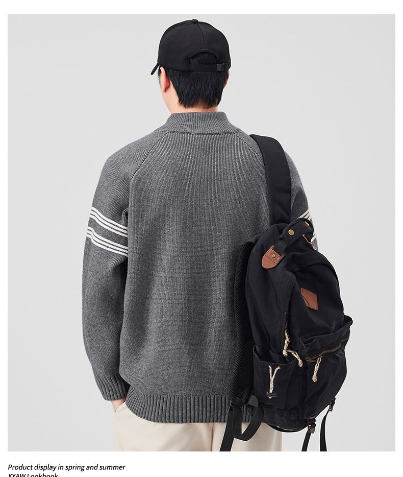 Retro Stand Collar Zip-Up Knit Sweater – Unisex Streetwear Pullover (M-3XL, Relaxed Fit, Vintage Aesthetic)_voghion.com
