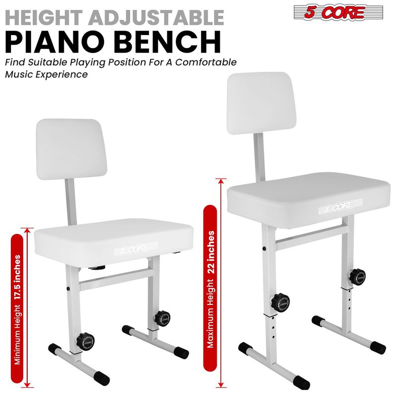 5 CORE Piano Bench Height Adjustable Keyboard Stool Stool Heavy Duty Thick Padded Cushioned Seat With Backrest - PNB B-REST WH_voghion.com