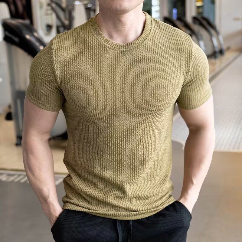 Men's Short-sleeved T-shirt Summer New Slim-fit Business Casual Fashion Versatile High-end Striped Crew Neck Bottoming Shirt_voghion.com