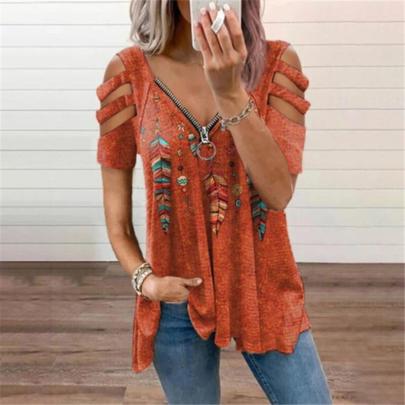 Nuova camicetta estiva da donna con spalle scoperte, stampa leopardata, cerniera, scollo a V, casual, ampia, primaverile, sexy, nuova camicetta da donna_voghion.com