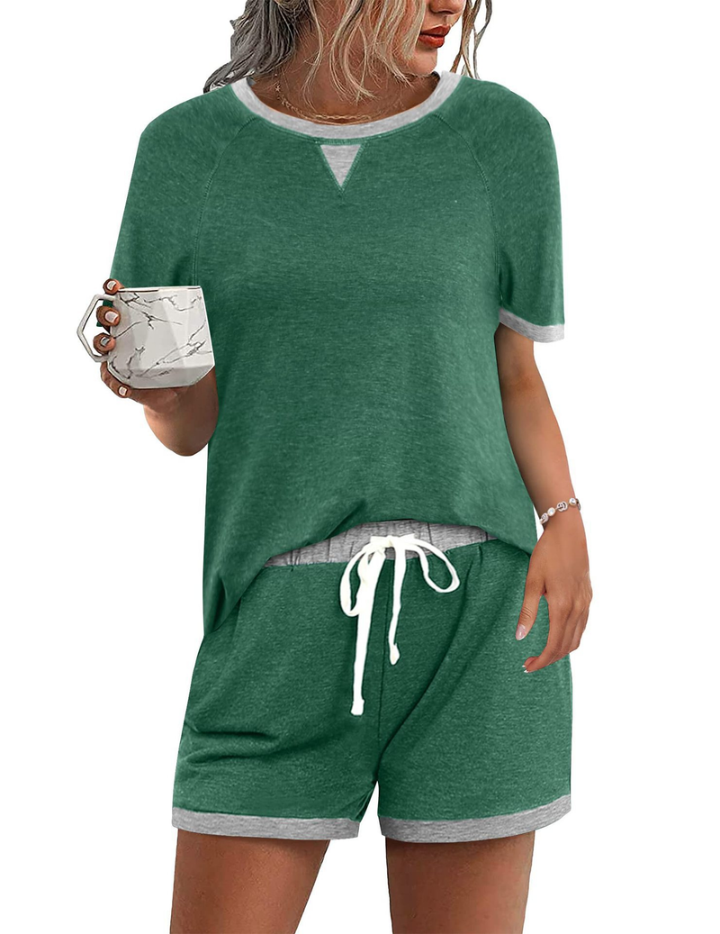 Women's comfortable casual color matching T-shirt shirt shorts two-piece set_voghion.com