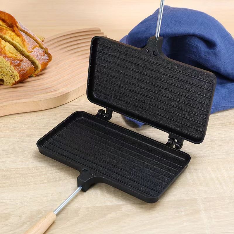 Forma do kanapek z powłoką nieprzywierającą i drewnianym uchwytem, dwustronna forma do chleba w paski, narzędzie do pieczenia śniadań w domu_voghion.com