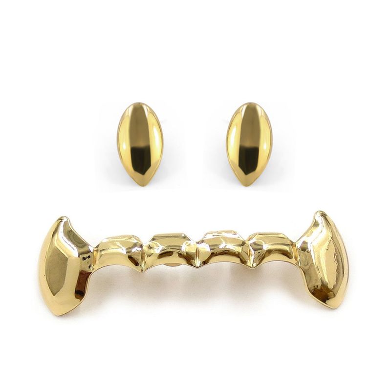 Set di grillz in oro Hip Hop - Gioielli dentali appariscenti per uomo e donna per Halloween, feste e street style - Placcati in oro e argento con zirconi cubici_voghion.com