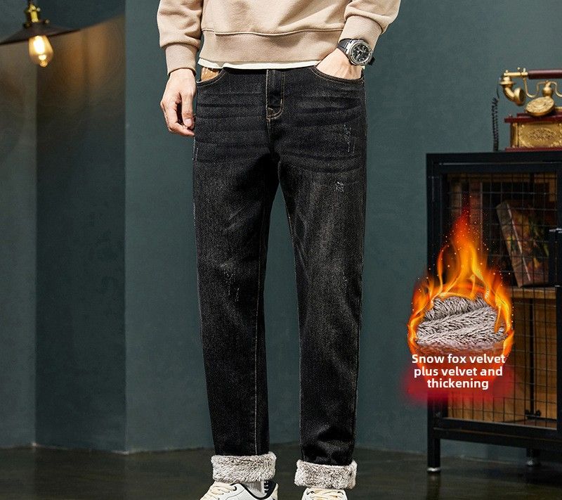 Jeans invernali Snow Fox Velvet da uomo ingrassati e ispessiti elastici aderenti, piccoli jeans da uomo di grandi dimensioni_voghion.com