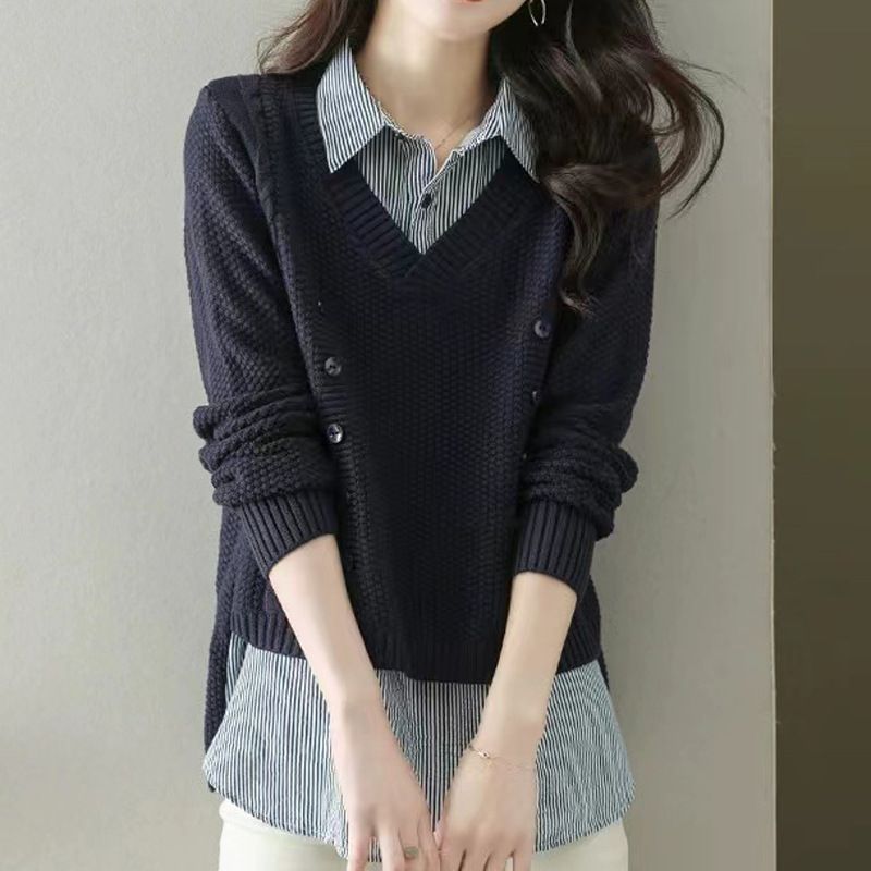 Maglione da donna con colletto impiombato in due pezzi lavorato a maglia per la nuova primavera e autunno 2025, intimo e capispalla_voghion.com