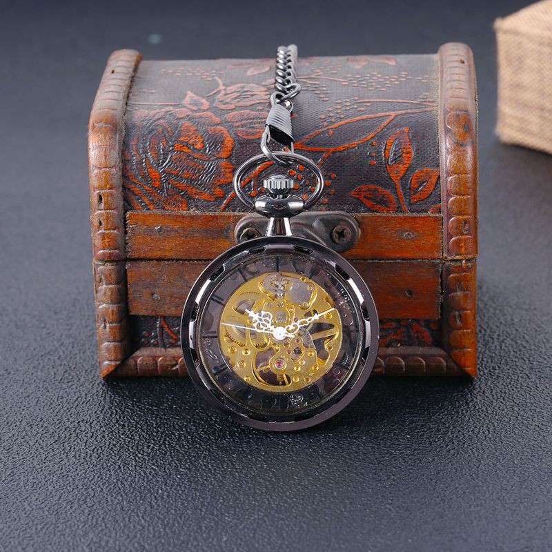 Schwarze mechanische Taschenuhr mit großem Rad und dicker Kette, nostalgisch, 8932_voghion.com