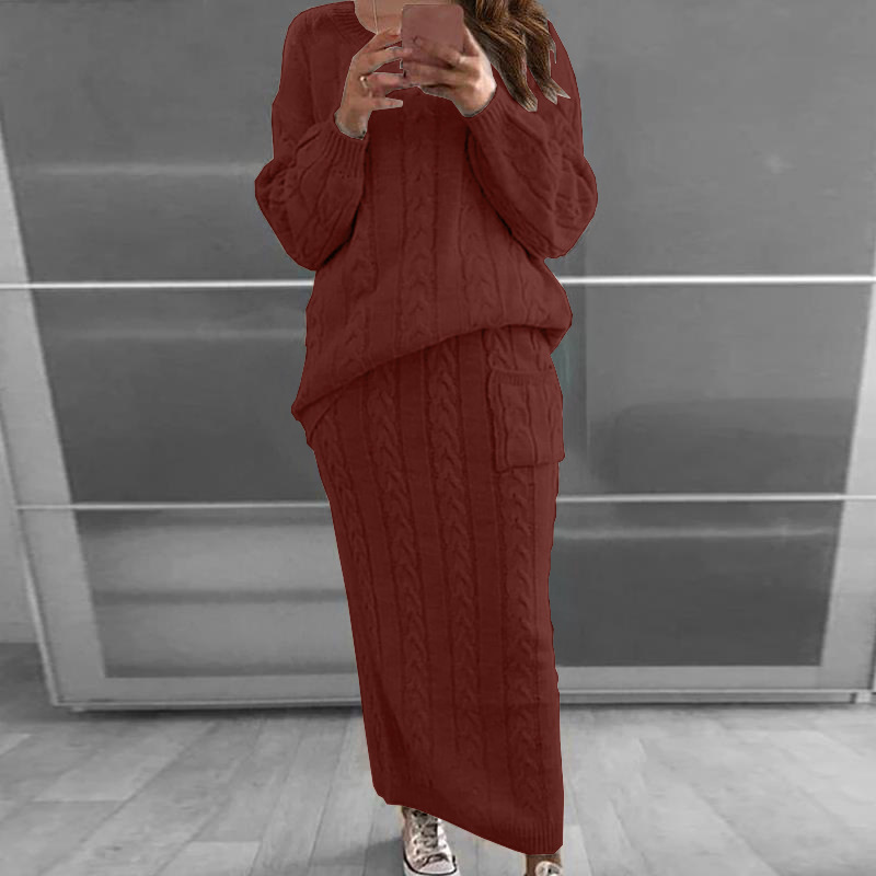 Maglione da donna, set autunno e inverno, due pezzi, maglione lavorato a maglia con scollo a V e gonna lavorata a maglia, set di abiti caldi e casual._voghion.com
